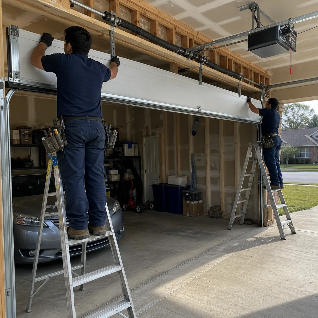 Two professional technicians performing a garage door installation service.