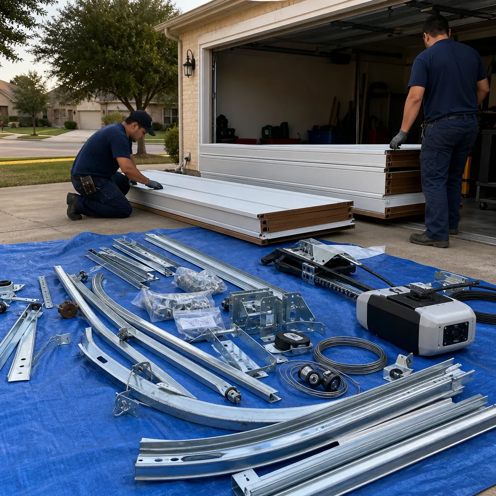 Technicians preparing parts for professional garage door installation service