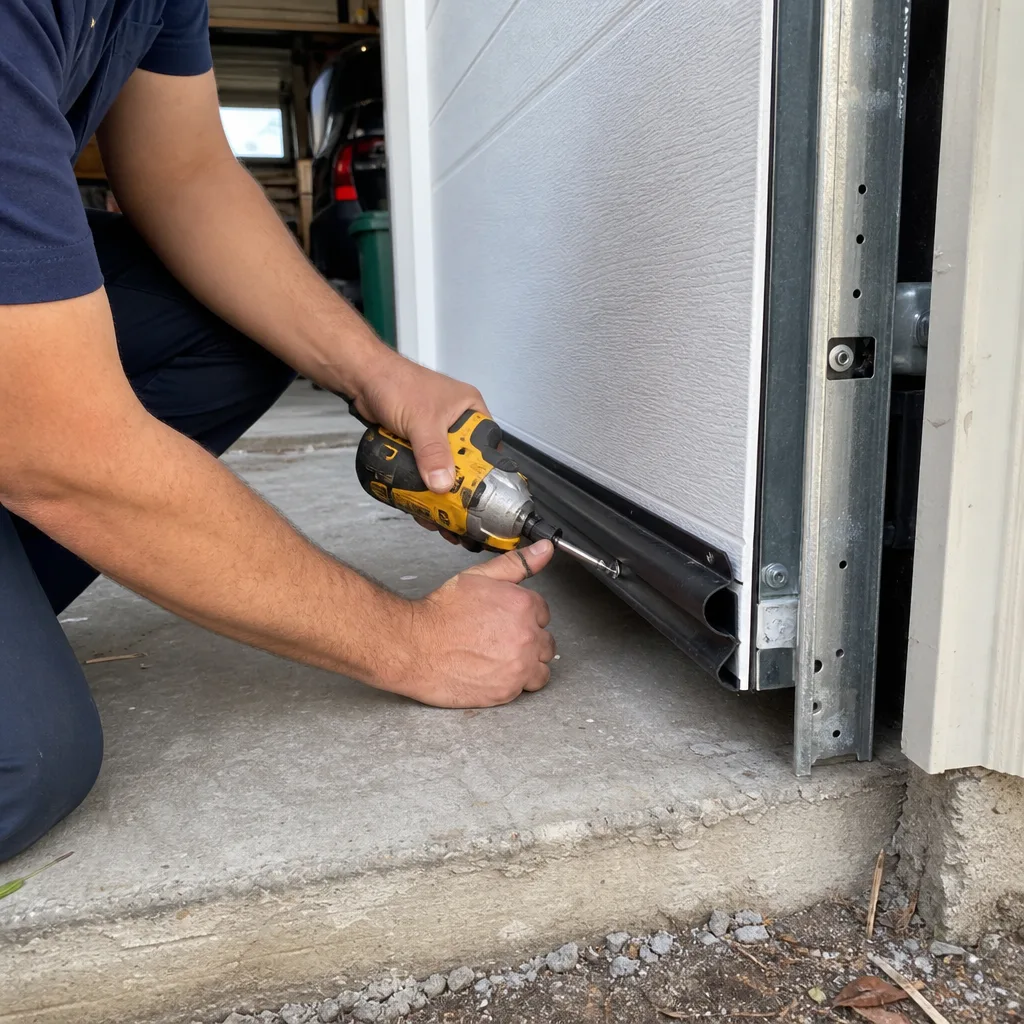 Technician installing a bottom weather seal on a garage door