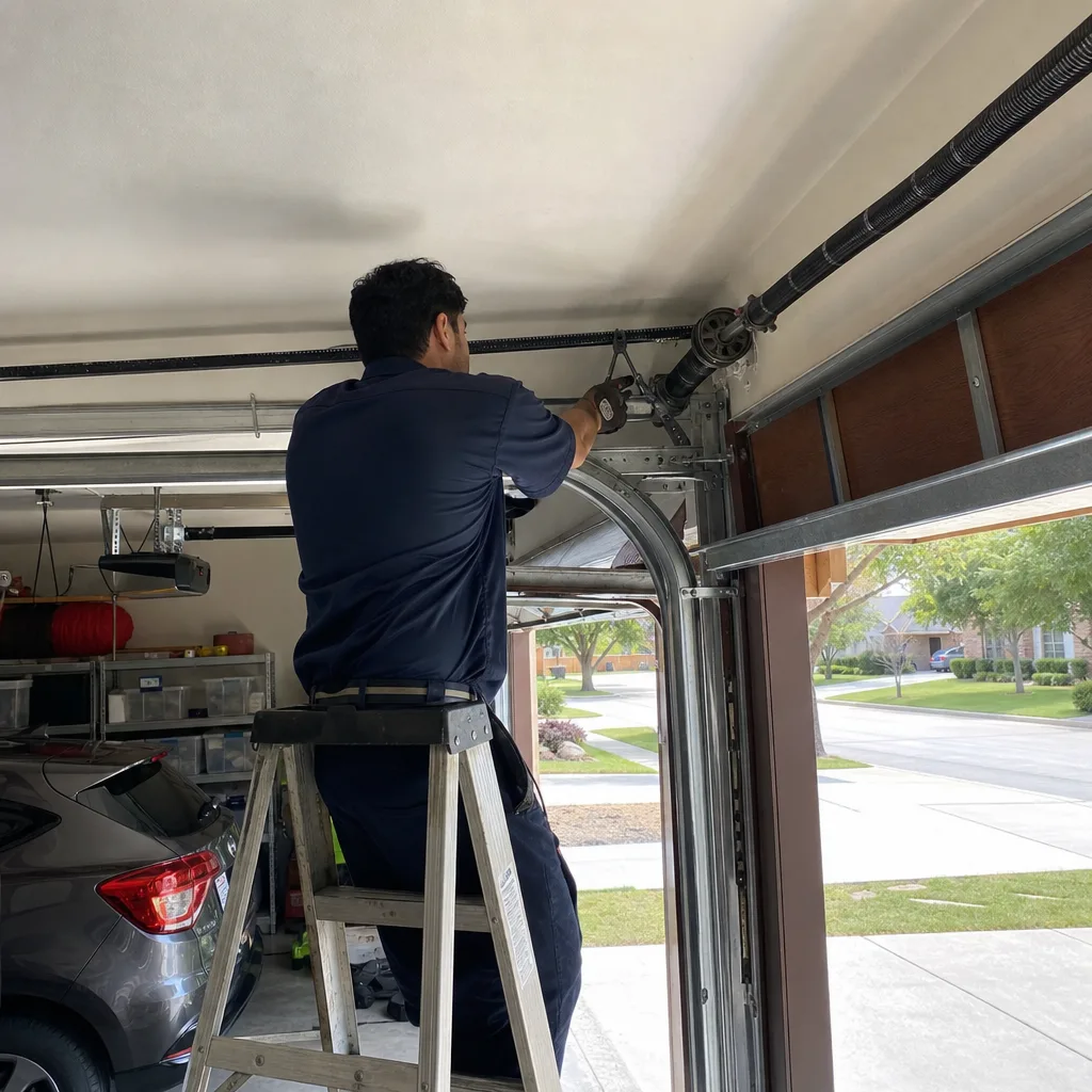 Technician performing professional garage door spring maintenance and repair